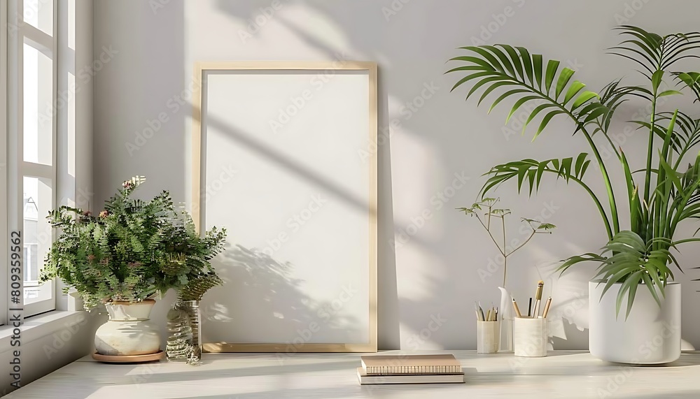 Aufkleber Capture the essence of simplicity with a white frame mockup in a comfortable, clean and minimalist office interior.