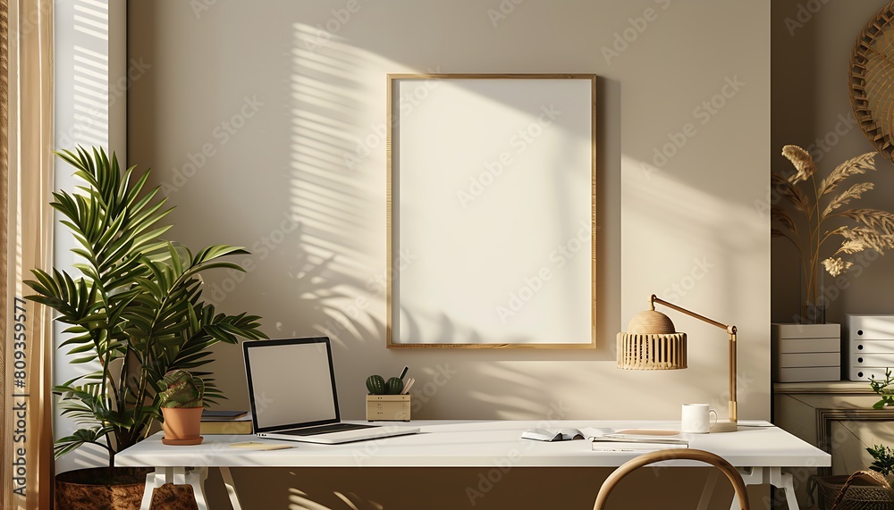 Aufkleber Capture the essence of simplicity with a white frame mockup in a comfortable, clean and minimalist office interior.