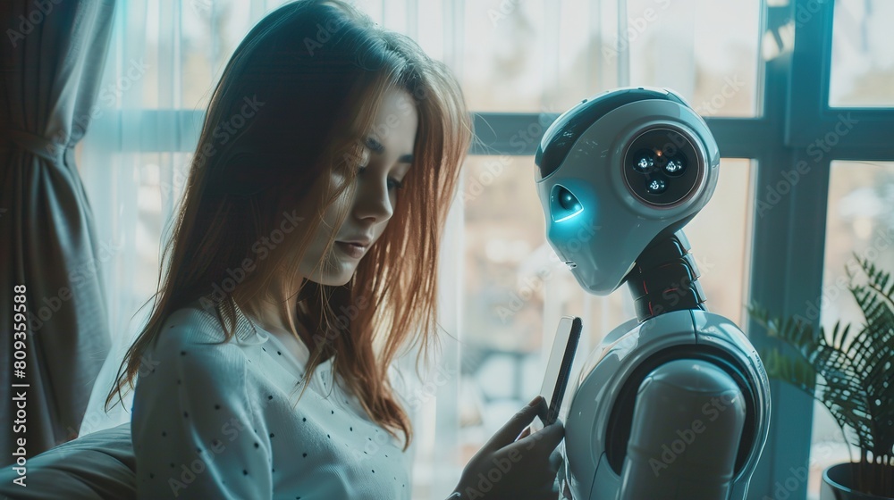 Fototapete Woman using chat bot in smartphone intelligence Ai. Chat with AI Artificial Intelligence, developed by OpenAI generate. robot in online system. in office