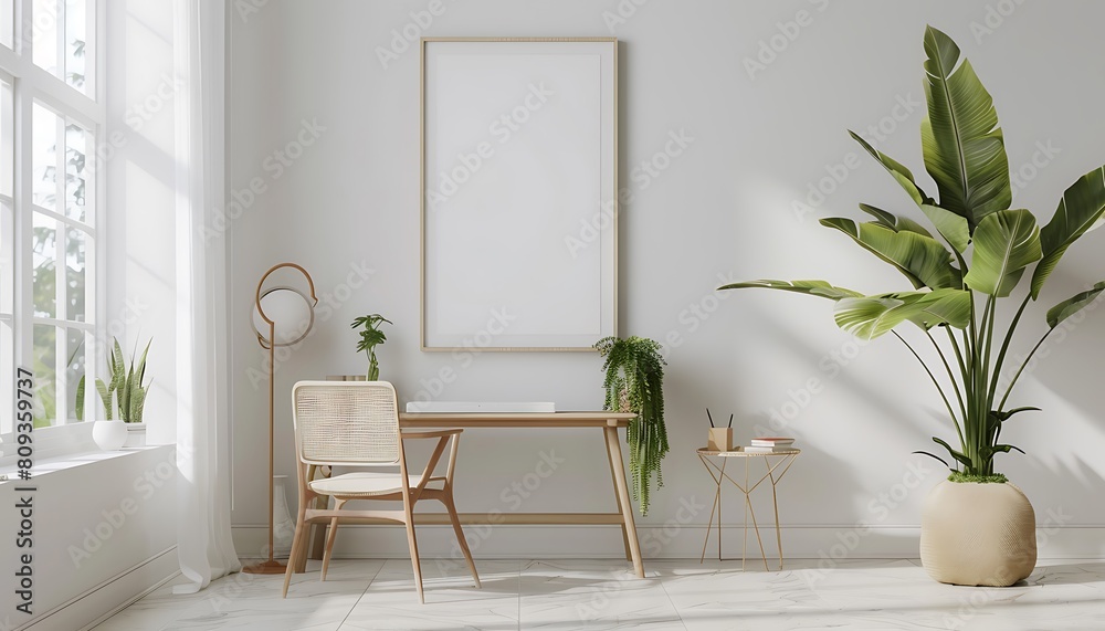 Poster create a white frame mockup in a serene, minimalist office setting, clean lines and simple decor