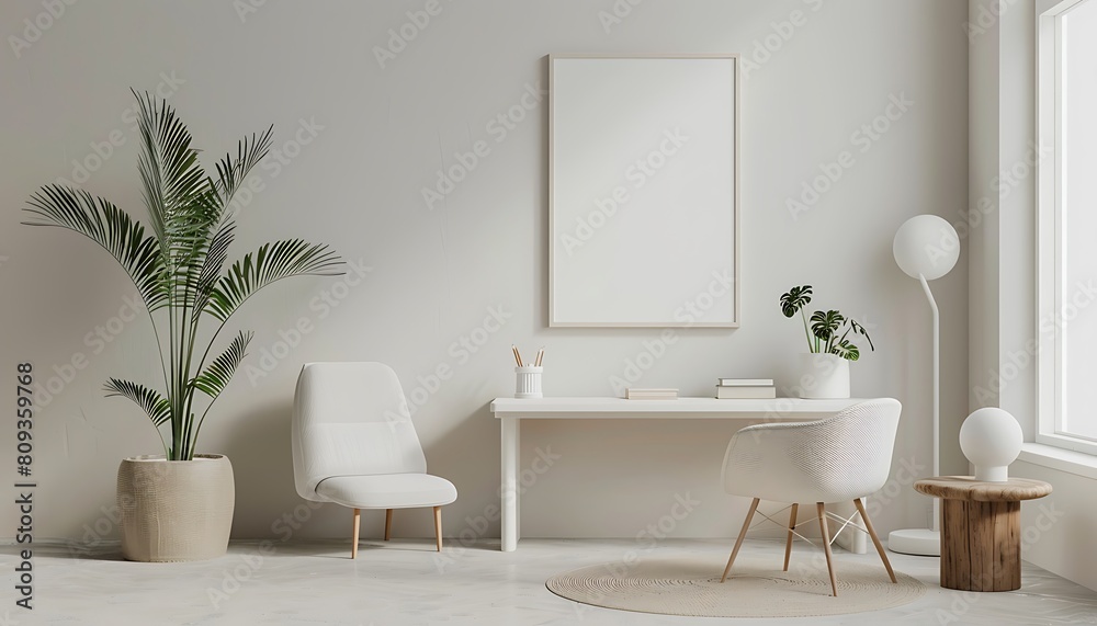 Poster create a white frame mockup in a serene, minimalist office setting, clean lines and simple decor