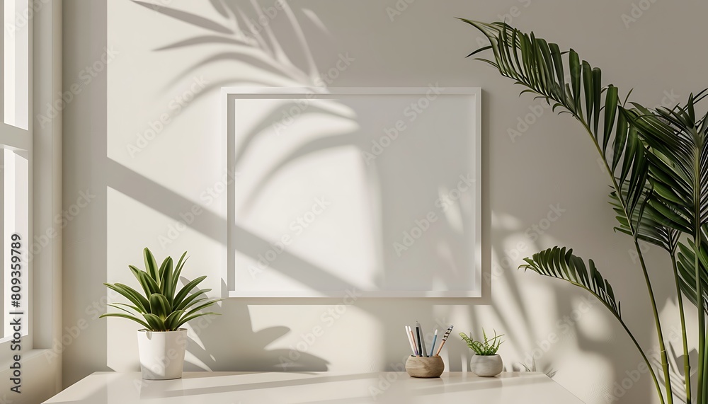 Poster create a white frame mockup in a serene, minimalist office setting, clean lines and simple decor