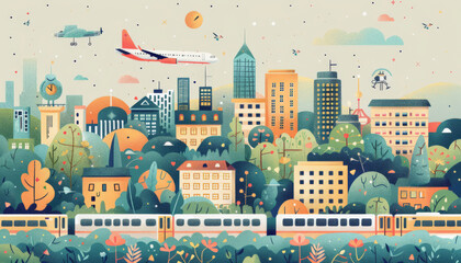 Illustration of a colorful cityscape with diverse buildings, a train in the foreground, airplanes overhead, and a backdrop of greenery and hills.