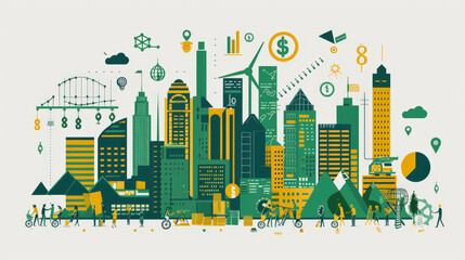 BCG Economy : Graphic illustration of a stylized cityscape with various buildings, people, and symbols representing business, technology, finance, and urban life, in a monochromatic green palette.