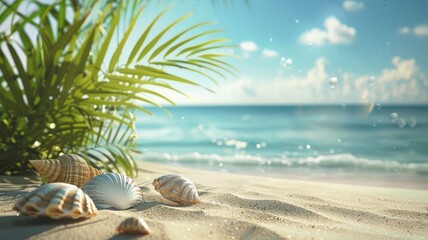 Obraz premium Tropical beach scene with seashells on sand and ocean in background
