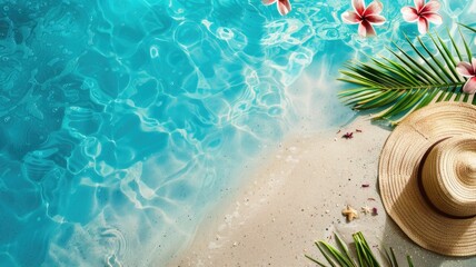 Obraz premium Tropical beachside with clear blue water, sand, palm leaves, and straw hat
