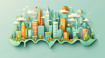 BCG Economy : Illustration of a stylized, eco-friendly city with buildings, wind turbines, and greenery, representing sustainable urban development and environmental consciousness.