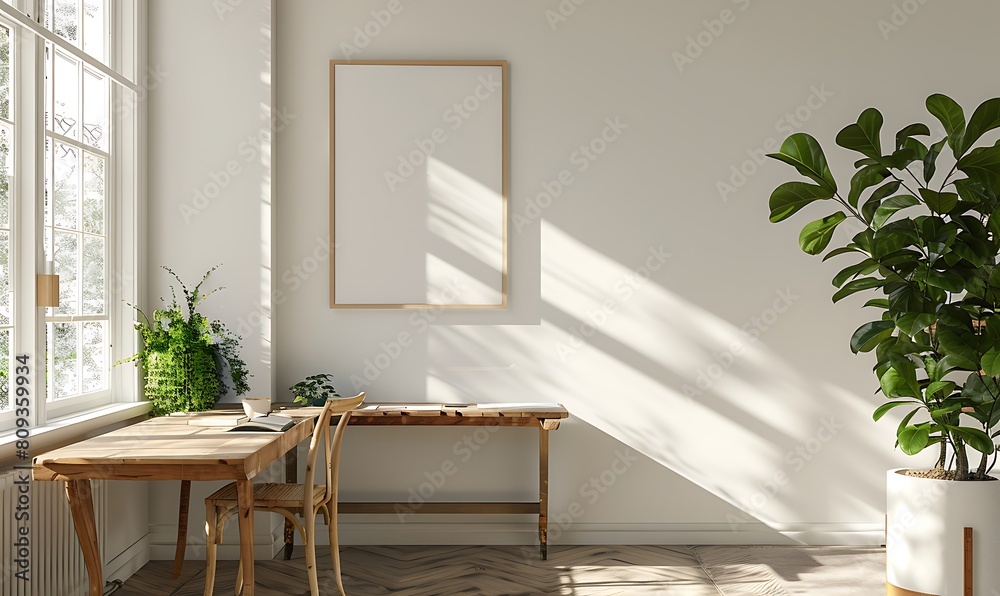 Poster mockup frame in a light, airy office space. clean, minimalist design with a focus on simplicity and 