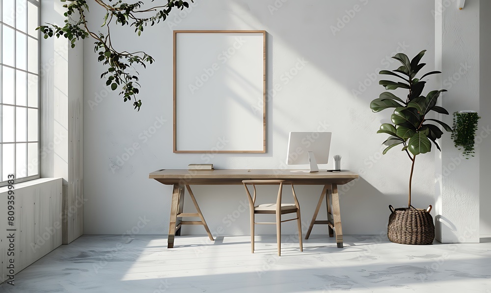 Aufkleber mockup frame in a light, airy office space. clean, minimalist design with a focus on simplicity and 