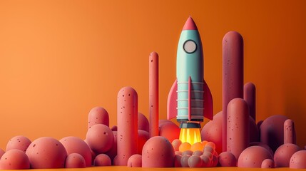 Colorful digital illustration of a rocket launching amongst stylized landscape