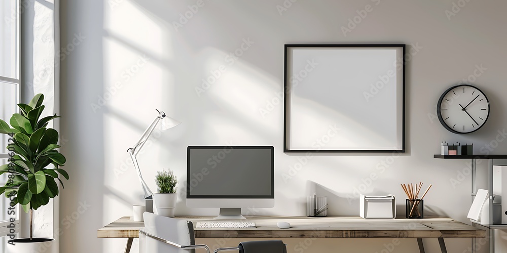 Poster mockup frame in a bright, simple office interior. Minimalist setup with clean lines and a clutter-free desk