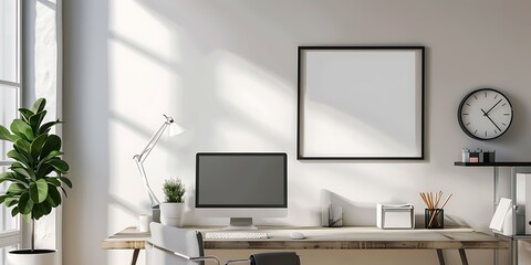mockup frame in a bright, simple office interior. Minimalist setup with clean lines and a clutter-free desk