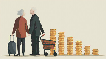 ​Silver Economy : An elderly couple looking at stacks of coins that resemble a bar chart, possibly depicting their savings growth or financial planning for retirement.