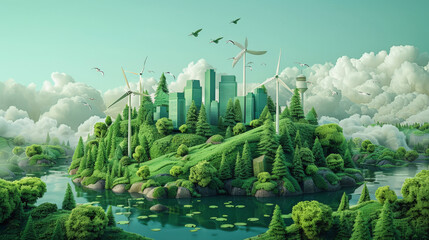 Green Economy : A fanciful illustration of a green city with skyscrapers situated on a lush, forest-covered island, surrounded by water and under a sky with fluffy clouds.