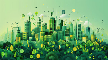 Green Economy Illustration of a green sustainable city with eco-friendly skyscrapers, wind turbines, and abundant foliage, symbolizing harmony between urban development and environmental conservation.