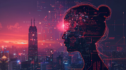 Intelligent Economy : Illustration of a digital human head silhouette overlaid on a futuristic cityscape at dusk, representing concepts of artificial intelligence and advanced technology development.
