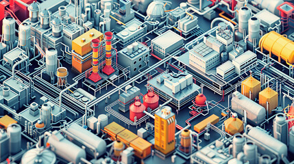 Intelligent Economy : Isometric illustration of a complex industrial area with various buildings, pipes, and structures, resembling a busy manufacturing or processing plant layout.
