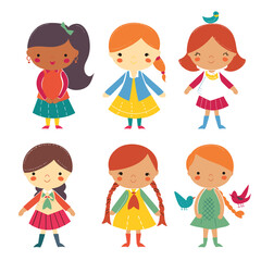 Six cartoon girls, diverse, cute, smiling, children, colorful dresses, birds. Playful, cheerful young characters, friendly isolated white background kids illustration Different ethnicities