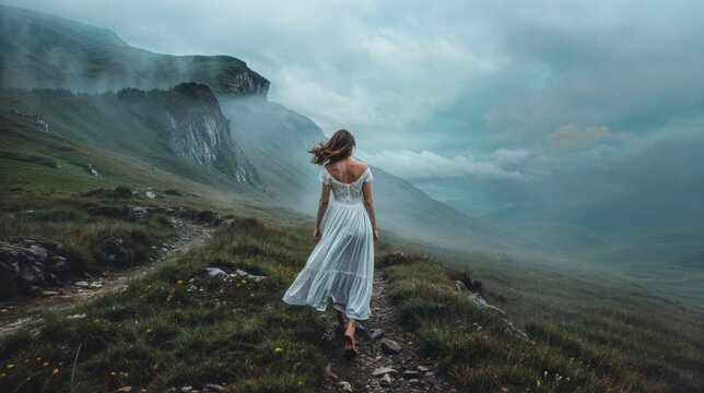 Beautiful young woman in white dress walking in the mountains on a cloudy day