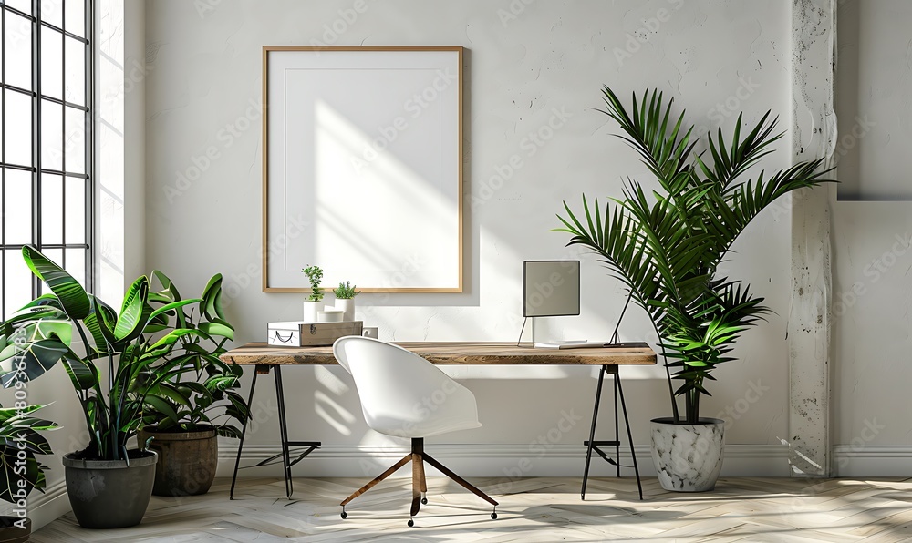 Aufkleber mockup frame in a serene office space. Emphasized simplicity and cleanliness against a light background