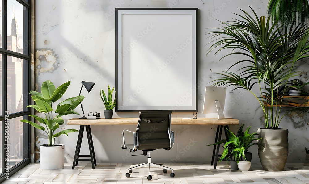 Poster mockup frame in a serene office space. Emphasized simplicity and cleanliness against a light background