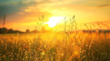 A Glorious View of a Sunset Over a Lush Field Sparkling with Dew Drops, Creating a Golden Tranquil Scene Perfect for Wallpapers and Postcards