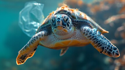 Sea turtle encounters plastic pollution