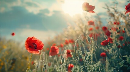 Obraz premium Wild poppies and sunshine in the meadow during summer