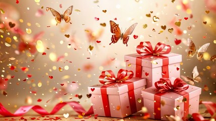 Gift boxes with red ribbons and butterflies flying in the air