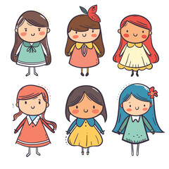 Six cute cartoon girls smiling, various hairstyles colorful dresses, handdrawn style, isolated white background. Childlike feminine characters, cheerful expressions, playful accessories. Different