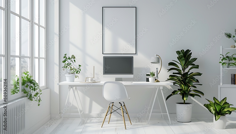 Poster White frame mockup in a simple and well-organized office background.  Guarantees the neatness and cleanliness of the composition
