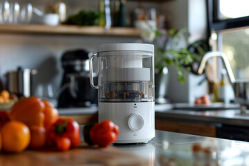 Fototapeta na wymiar A compact mini food processor with a streamlined design, blending seamlessly into the kitchen decor.