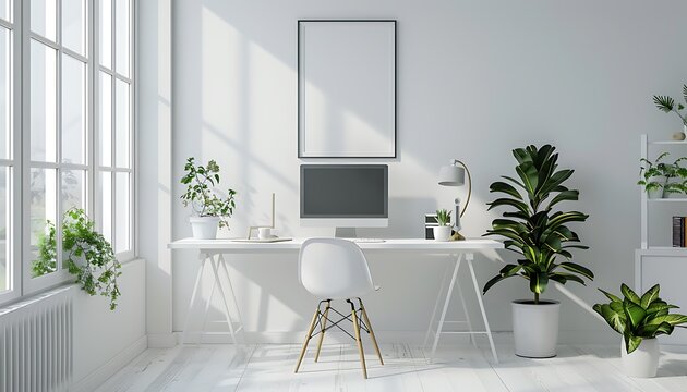 White frame mockup in a simple and well-organized office background.  Guarantees the neatness and cleanliness of the composition