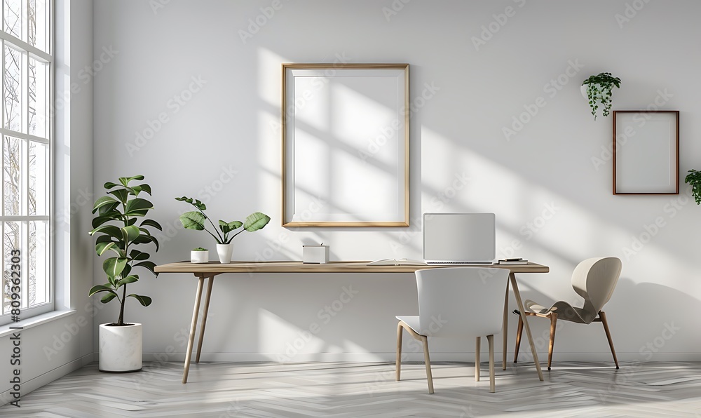 Aufkleber mockup frame in a light, minimalist office environment. focus on clean aesthetics and simple details