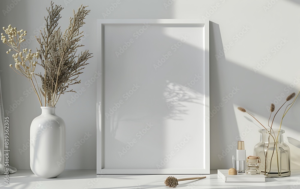 Aufkleber white frame mockup against a cozy, clutter-free office background. opt for simplicity and neatness i