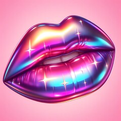 Holographic chrome metal lip isolated. 80s 90s Iridescent neon beauty, cosmetics, makeup icons.