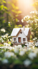 miniature house with flowers in front