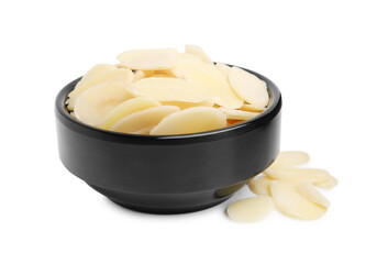 Fresh almond flakes in bowl isolated on white