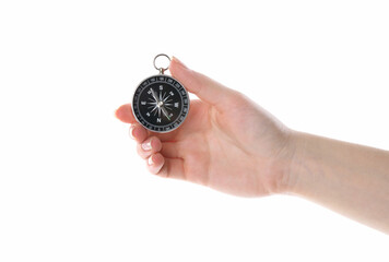 Woman holding compass on white background, closeup. Tourist equipment
