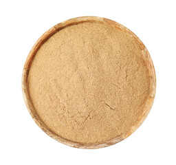 Dietary fiber. Psyllium husk powder in bowl isolated on white, top view