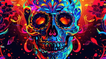 Neon avatar vector-style image of day of dead holy dead mexican dead skull painting male abstract art evil skull AI generated