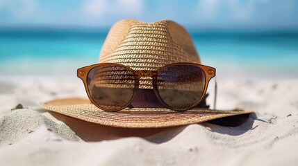 A stylish straw hat and a pair of sunglasses rest on sandy beach, evoking a serene and leisurely summer ambiance with the clear blue ocean in the background
