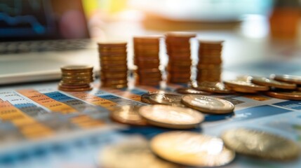 Close-up image of stacked coins on a financial spreadsheet illuminated by sunlight, symbolizing investment, financial planning, and economic analysis