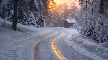Obraz premium Scenic view of a snowy landscape with a wooden cabin, glistening road tracks, and a fiery sunset peeping through dense, snow-covered pines