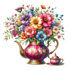 Colorful bright watercolor flower bouquet in vintage teapot. Beautiful floral clip art design element for invitation, greeting card, stickers