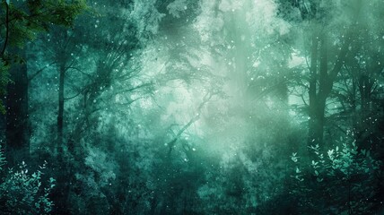 Ethereal turquoise forest with mist and dense foliage