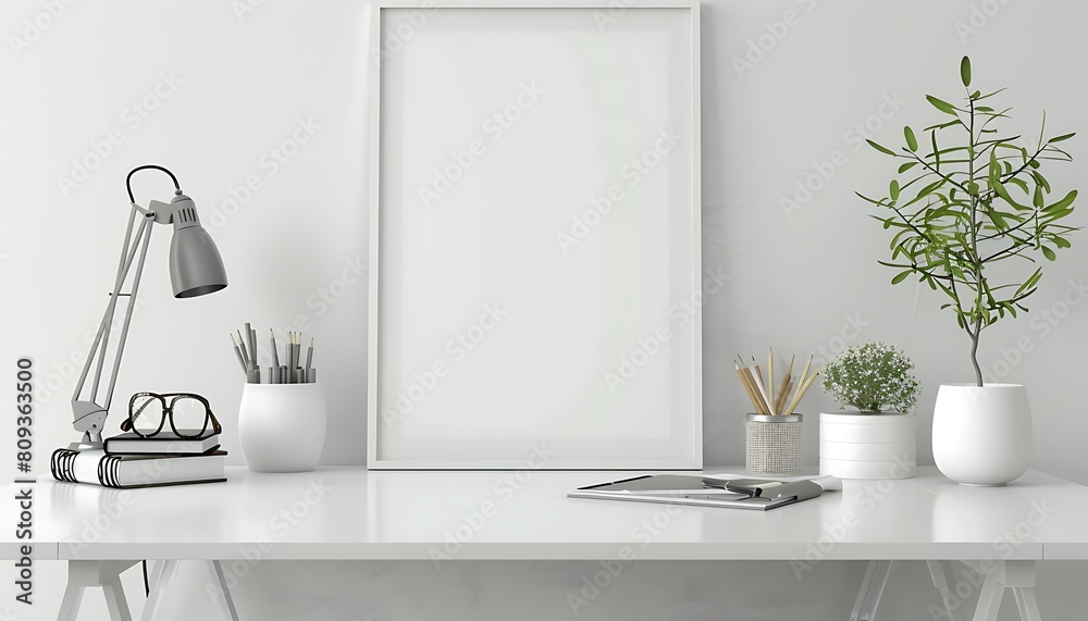 Aufkleber white frame mockup in a serene, well-lit office space. Keep the design minimal and clean with a tidy table