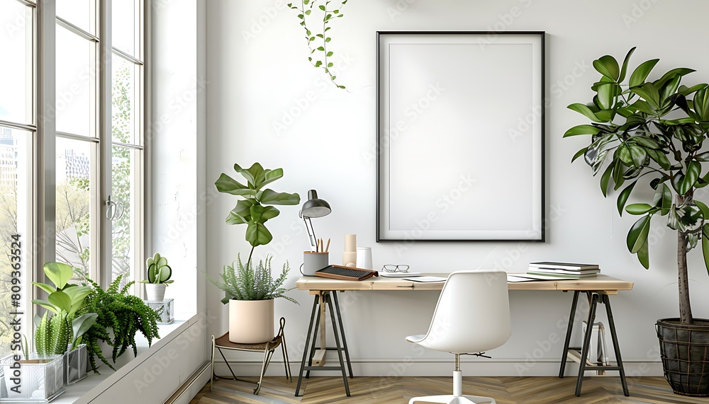Aufkleber white frame mockup in a serene, well-lit office space. Keep the design minimal and clean with a tidy table