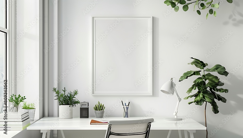 Aufkleber white frame mockup in a serene, well-lit office space. Keep the design minimal and clean with a tidy table