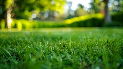 Low angle view of fresh green grass with soft sunlight filtering through trees in a peaceful park, showcasing nature's tranquility and beauty